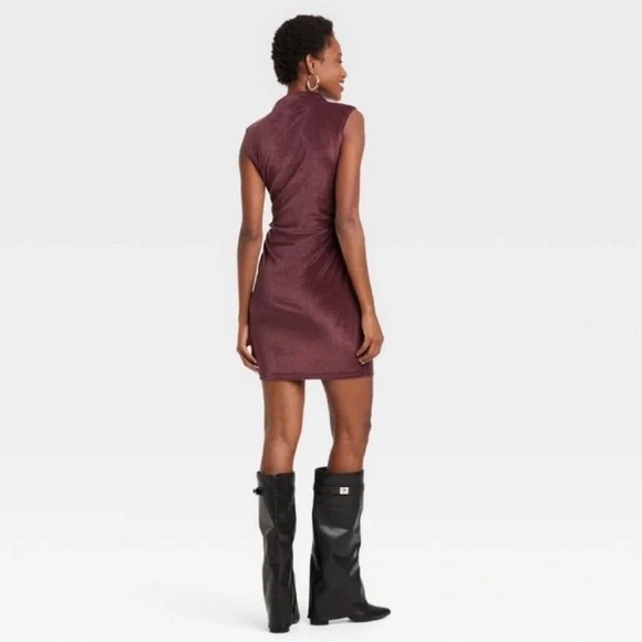 A New Day Target Velvet Ruched Mini Dress Mock Neck Burgundy Bodycon New Tags XS - Picture 2 of 2